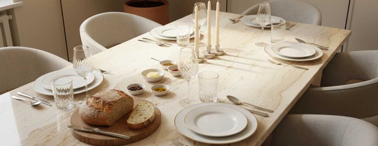 rechthoekige eettafel travertin