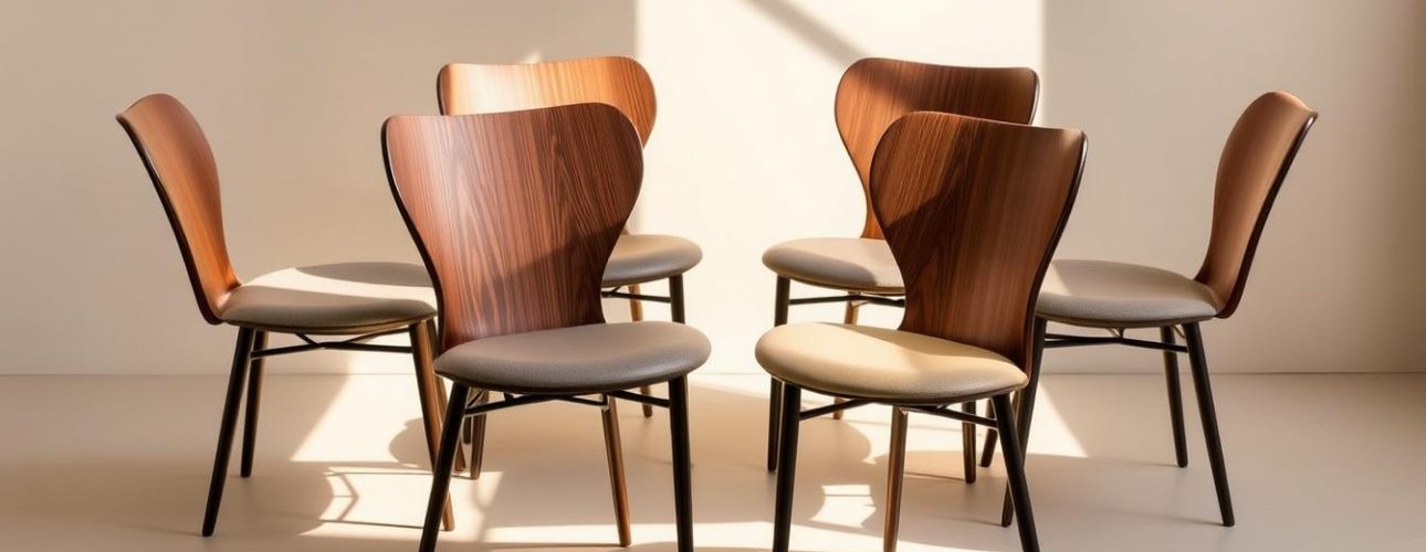 8 eetkamerstoelen met houten rugleuning en gestoffeerde zitting in een lichte ruimte.