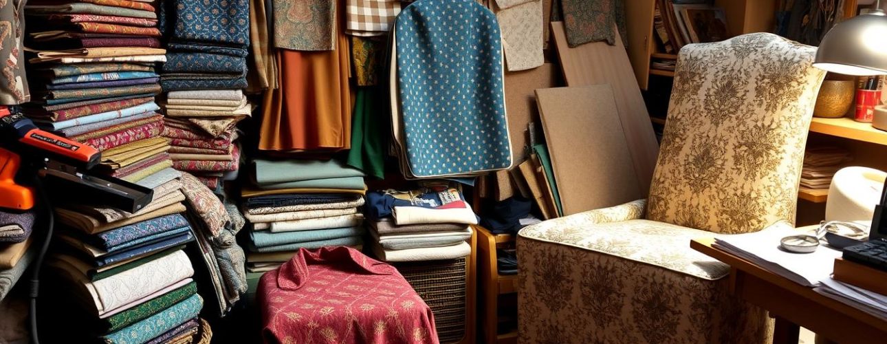 Een rommelige stoffenwinkel met stapels stoffen met patronen, geordend op kleur en design. Een stoel, onlangs herstoffeerd in een bloemenprint, staat rechts naast een houten bureau met een lamp, wat de gezellige sfeer versterkt.