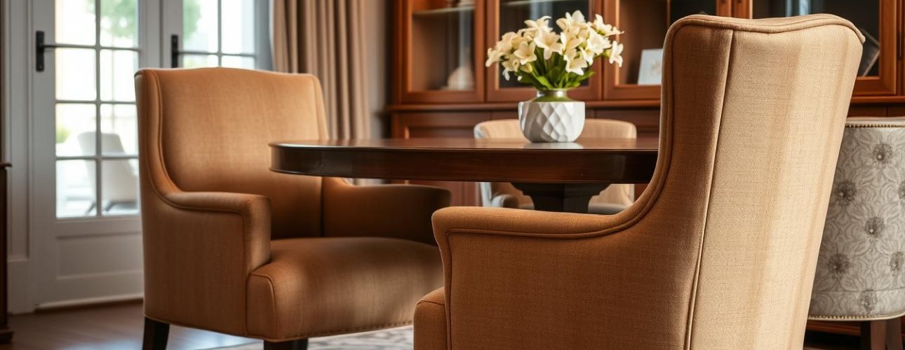 Twee stoffen eetkamerstoelen met een ronde tafel en een vaas met bloemen in een binnenruimte.