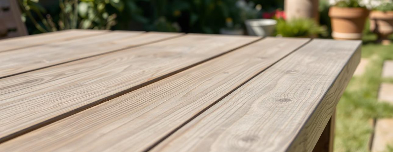 teak buitentafel in een zonnige tuin met natuurlijke vergrijzing