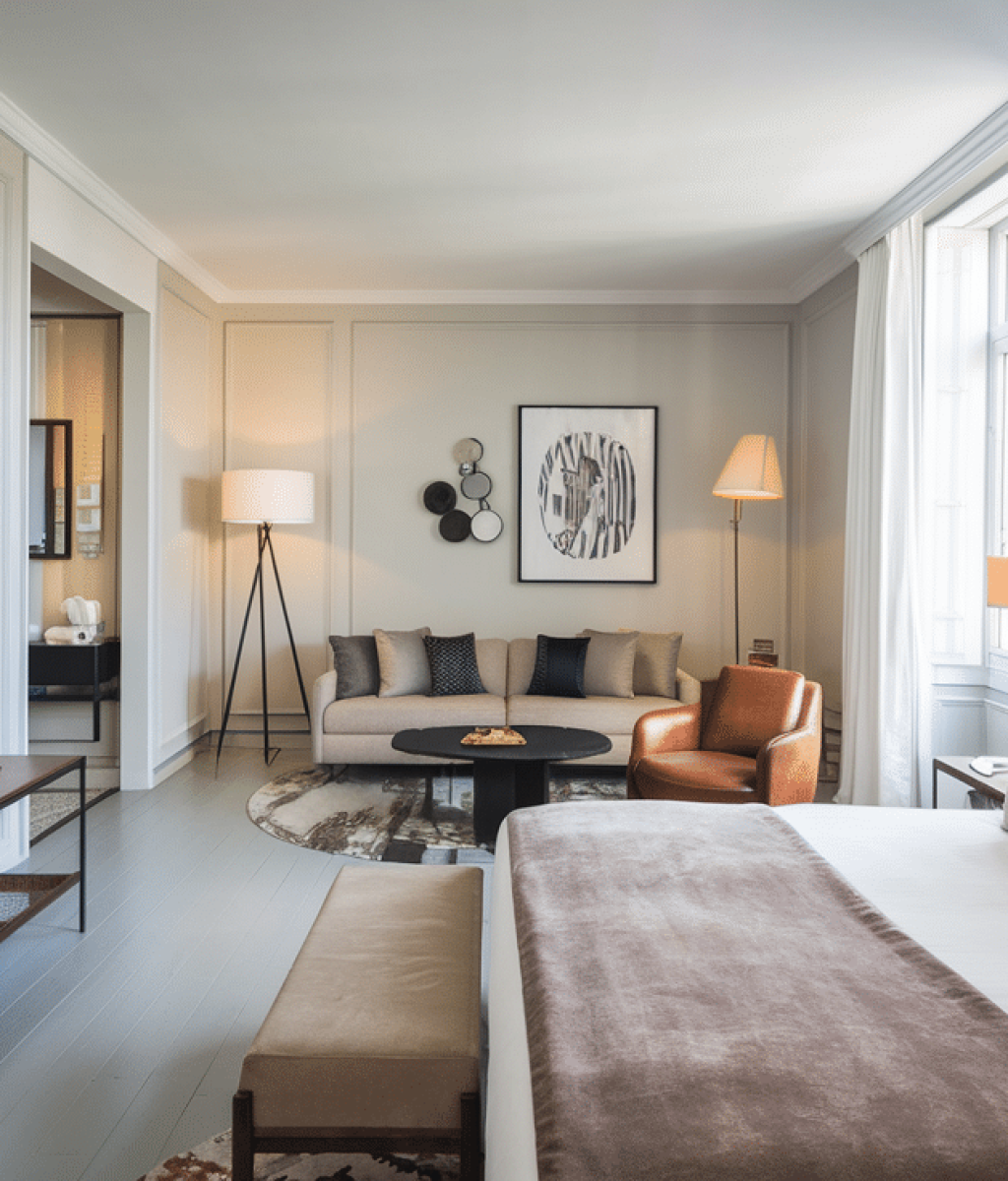 Een stijlvolle hotelkamer met een groot bed met wit linnen en een bruine sprei, een bank, een ronde salontafel en een flatscreen-tv op een console. Kunst siert de muren en zonlicht stroomt door een groot raam.