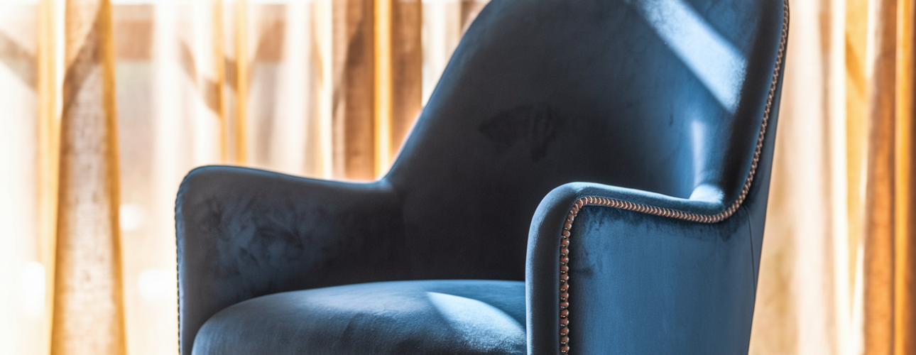 Een fauteuil van blauw fluweel met gebogen armleuningen en decoratieve studs, geïnspireerd op blauwe eetkamerstoelen, staat voor transparante gordijnen in het zonlicht.