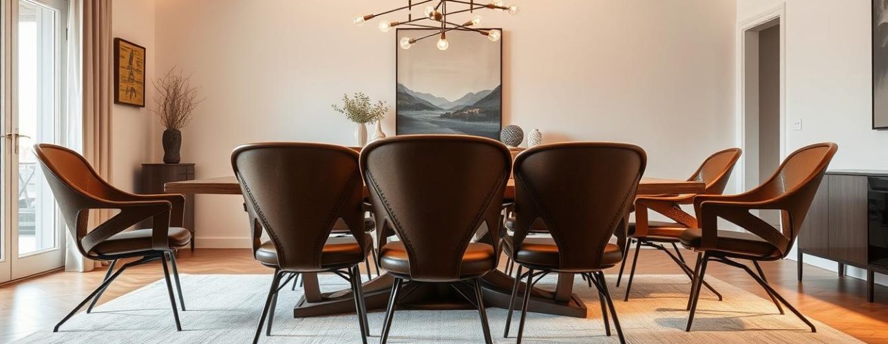 Zeven moderne eetkamerstoelen met een unieke vorm en leren bekleding rond een eettafel.