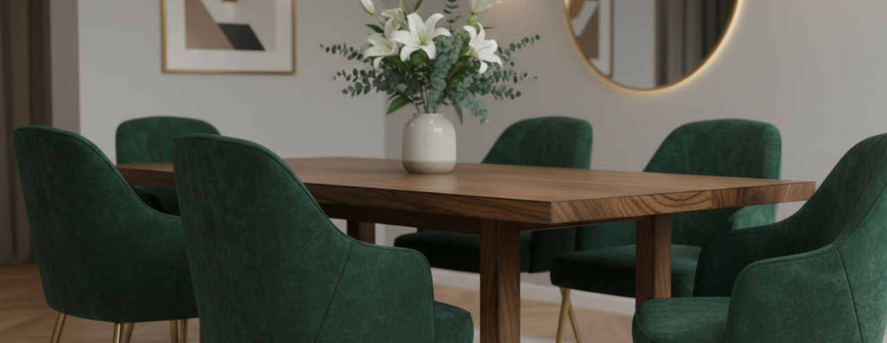 velvet eetkamerstoelen houten eettafel