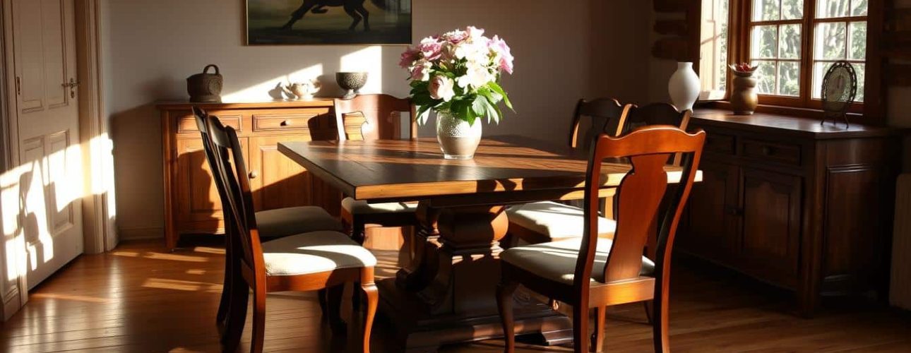 Een gezellige eetkamer heeft een houten tafel, die de vele redenen benadrukt om voor zon blijvende klassieker te kiezen. Zes stoelen omringen de tafel, terwijl er een vaas met roze bloemen op staat. Zonlicht stroomt door het raam en werpt schaduwen op de vloer. Een schilderij van een paard en houten kasten sieren de muren.