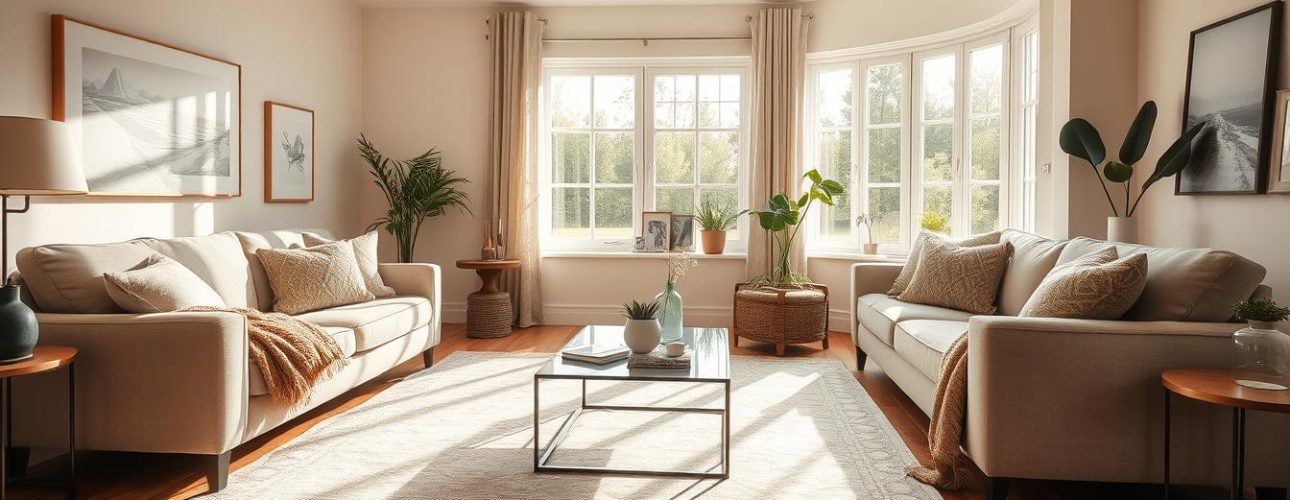 Een gezellige, zonnige woonkamer inspiratie biedt inspiratie, met twee beige banken tegenover elkaar. Een wit kleed ligt op de houten vloer onder een vierkante glazen salontafel. Grote ramen onthullen een groene tuin, terwijl muren zijn versierd met minimalistische kunst, wat de serene ruimte versterkt.